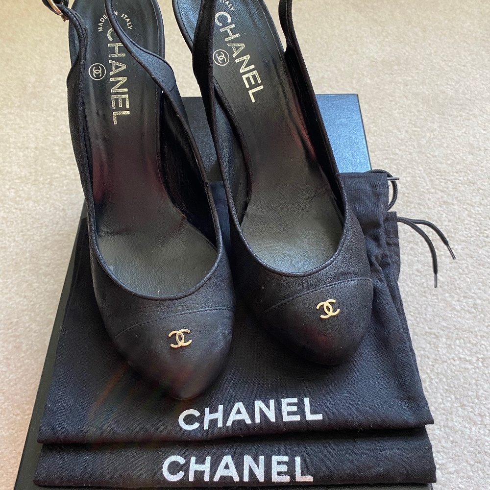 Chanel Suede-like leather Black Slingback Heels